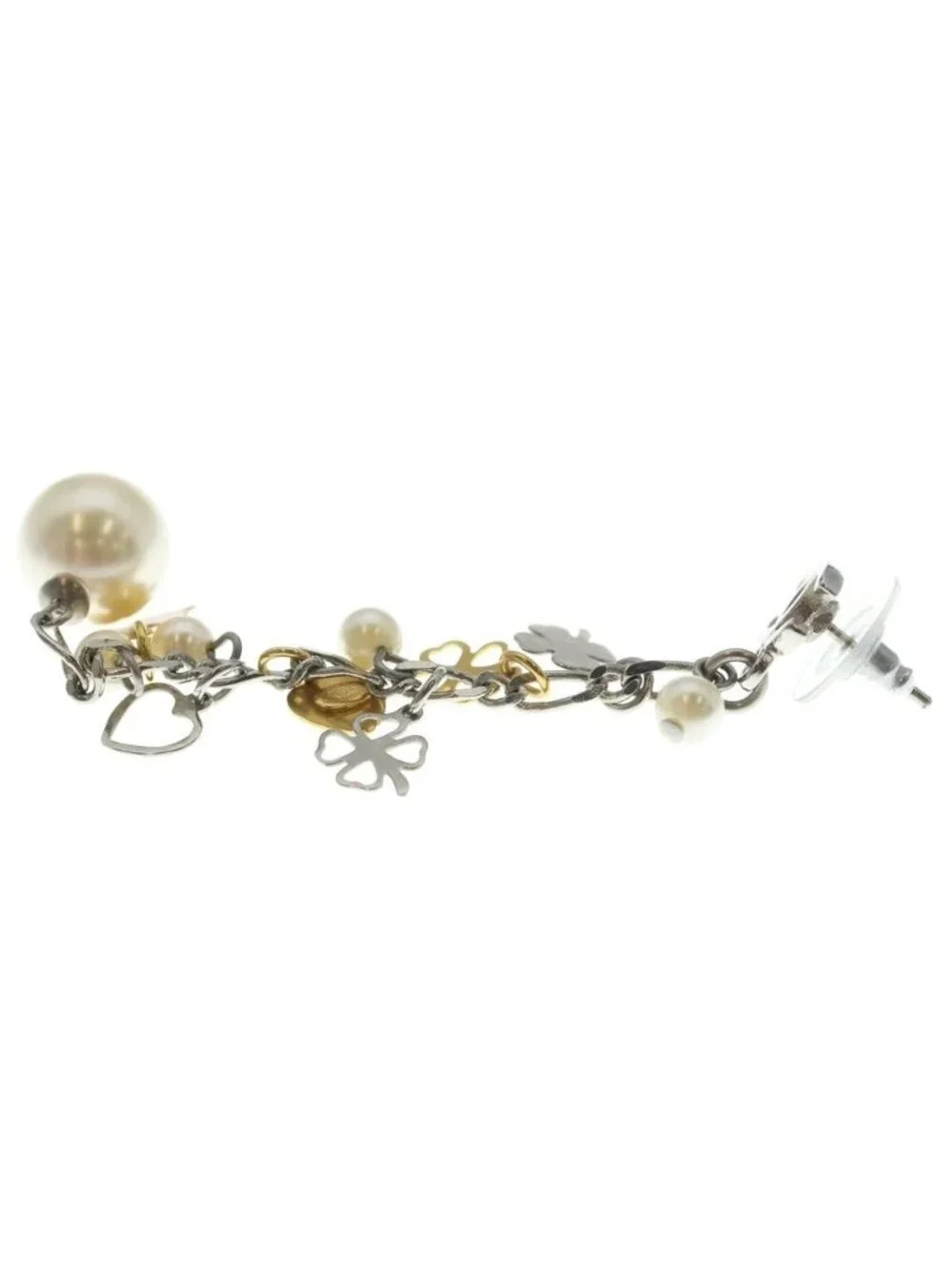 Chanel CC Logo Clover Heart Motif Faux Pearl Earrings Silver Gold